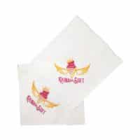 Dos servilletas con logo de helado alado y corona, texto "Reina del Soft".